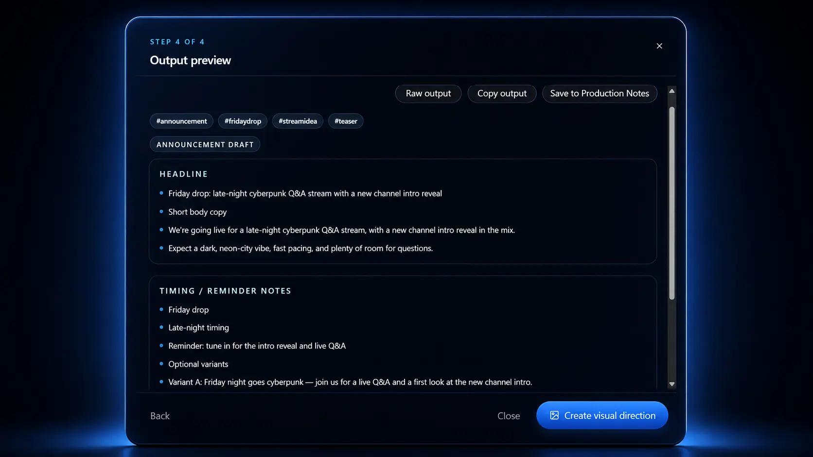 Sayvlet generated draft with clip list and production notes ready to refine