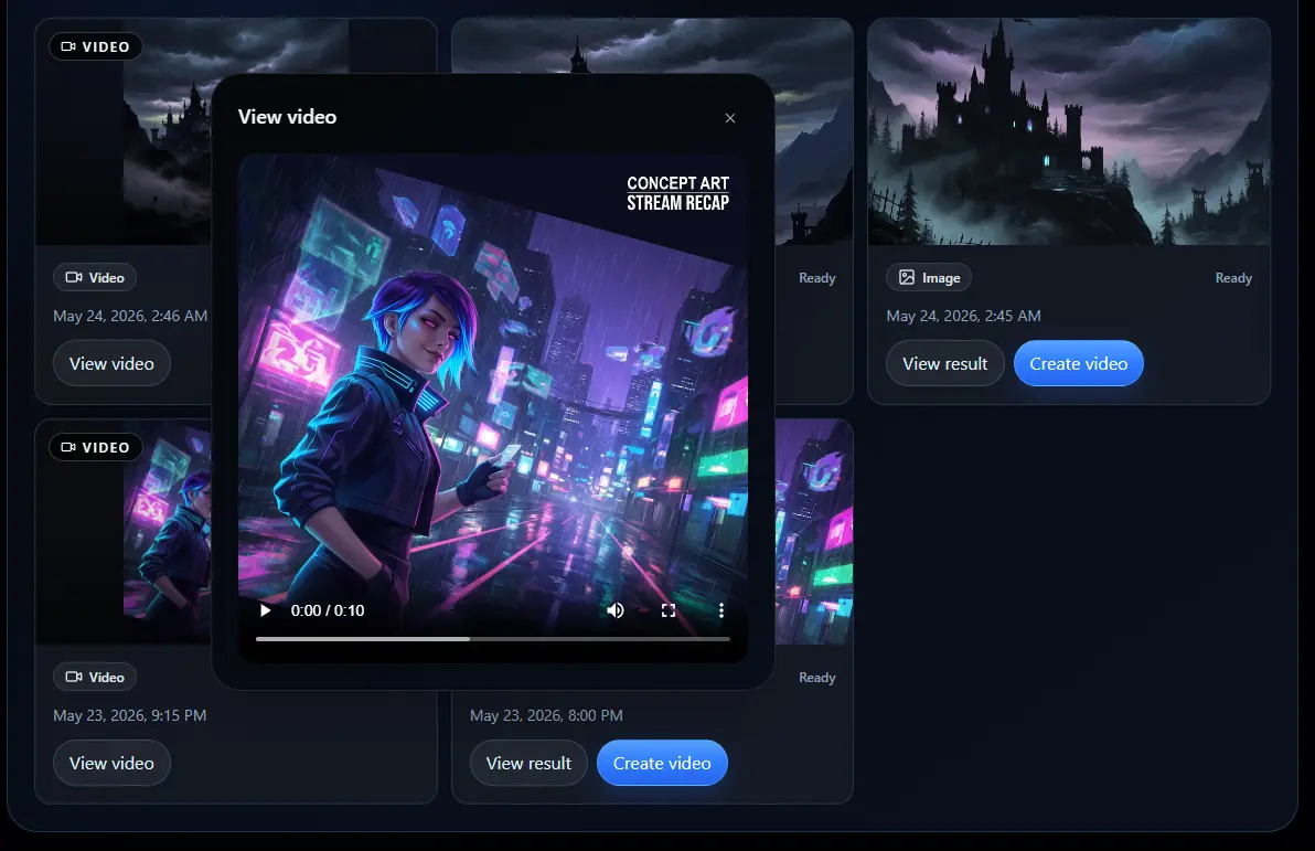 Sayvlet generated assets screen showing image and video cards with a video preview modal open.