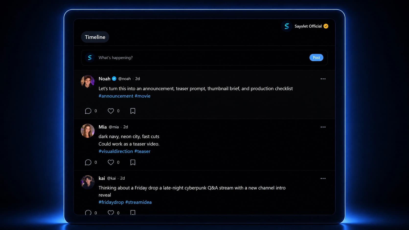 Sayvlet creator workspace with timeline posts and Ask Sayvlet AI context